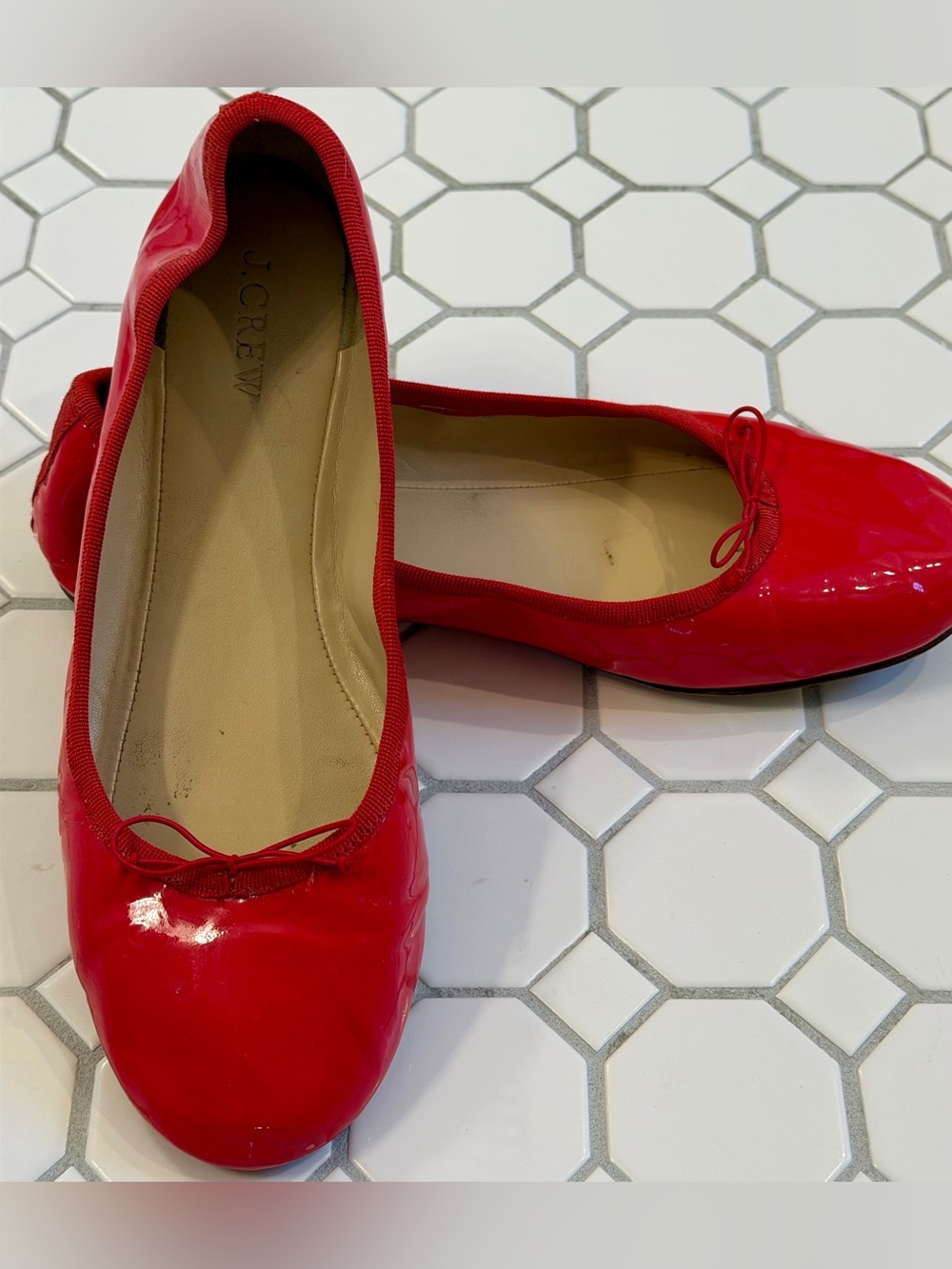J. Crew Bright Red Patent Ballet Flats with Bow